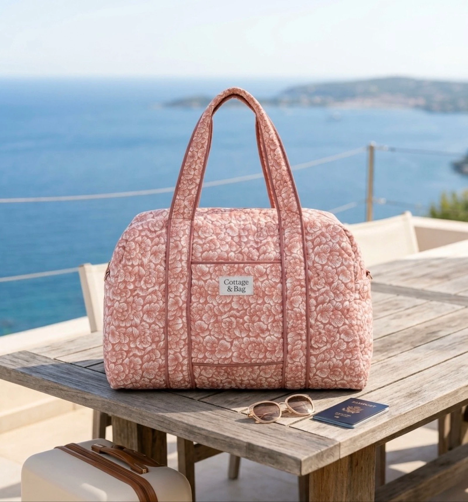 Sac de Voyage 100% Coton Collection Cottage & Bag / Modèle Grandes Fleurs Corail